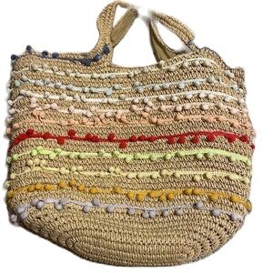 Bay Sky 100% Paper Tote Bag with Multicolor Poms Beach Bag Travel Bag